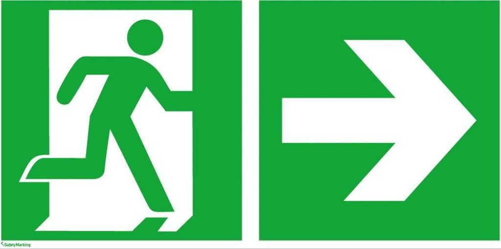 Rettungsschild, Notausgang rechts mit RichtungspfeilASR A1.3 E002 ZusatzzeichenDIN EN ISO 7010 E002 ZusatzzeichenLangnachleuchtend, DIN 67510-1 Klas