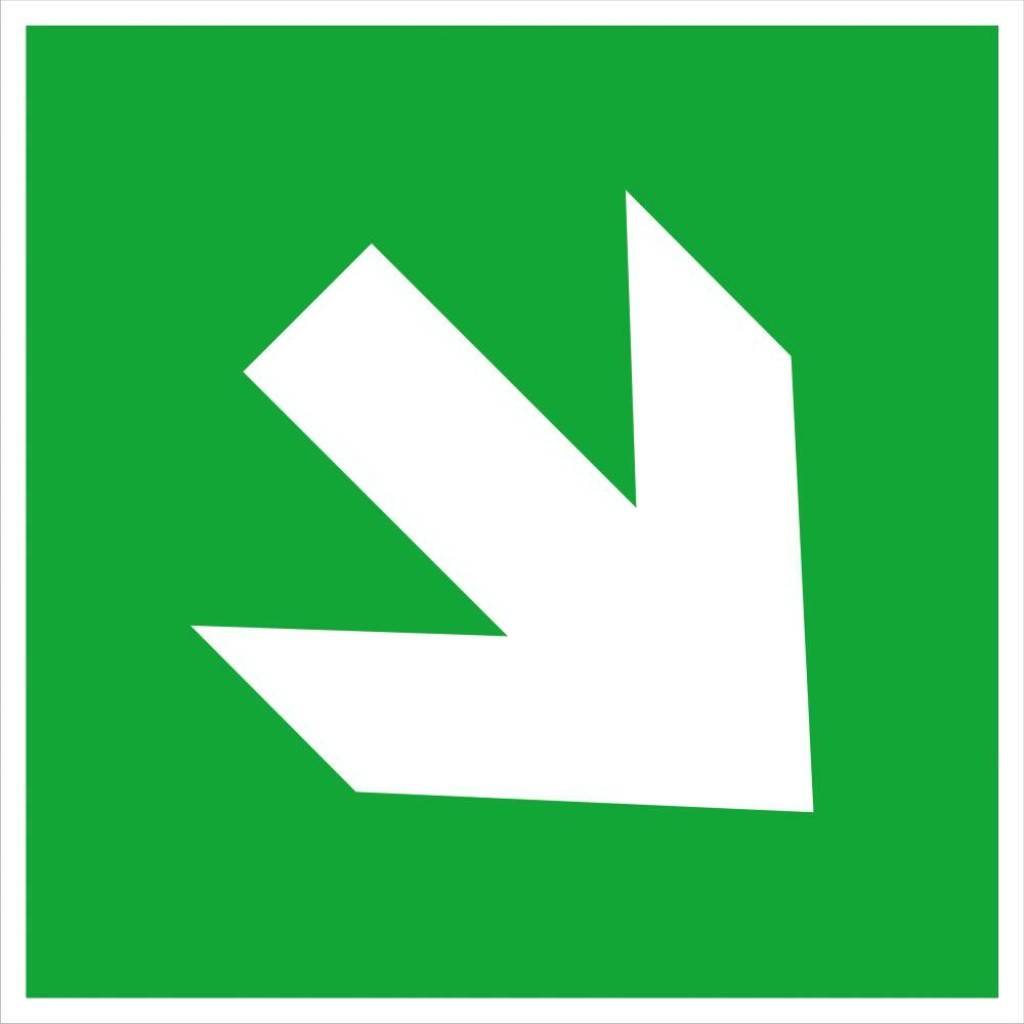 Rettungsschild, Zusatzschild Richtungspfeil, schrägNur in Verbindung mit einem weiteren Rettungszeichen verwendbarLangnachleuchtend, DIN 67510-1