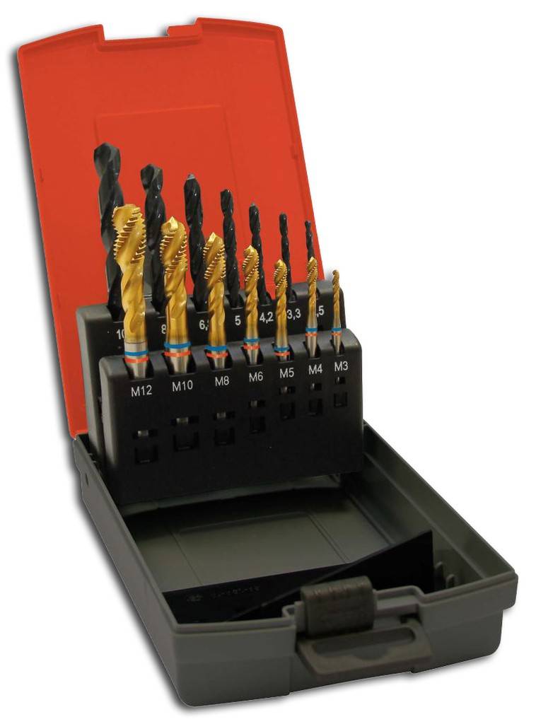 Grundloch-Maschinengewindebohrer-SatzAusführung Form C. Lieferung in robuster, qualitativ hochwertiger Kunststoffbox.Satzinhalt7 Gewindebohrer M3