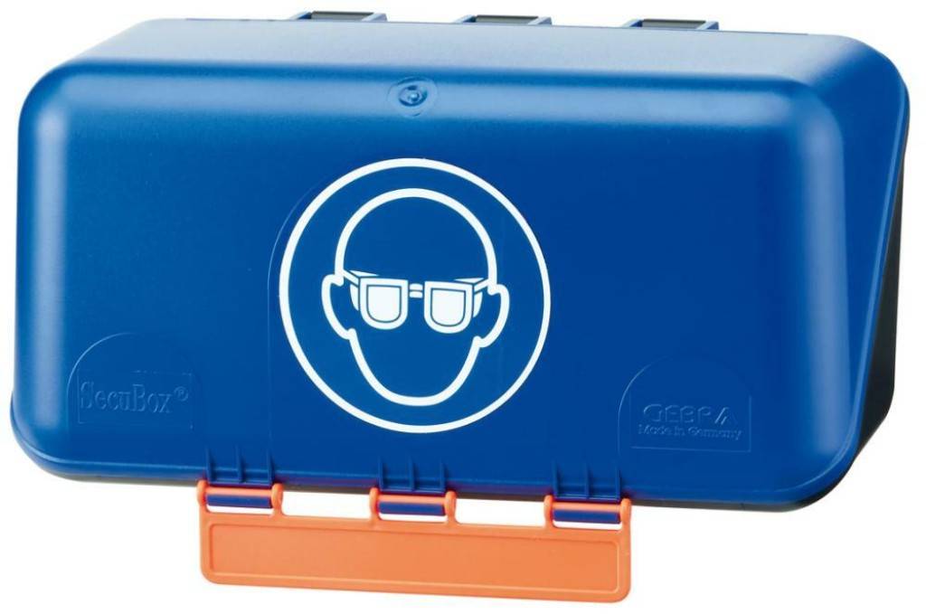 SecuBox Mini Standard für BügelbrillenEigenschaften Behälter aus ABS-Kunststoff Mit Gebotszeichen Patentierte Kippöffnung zur schnellen u