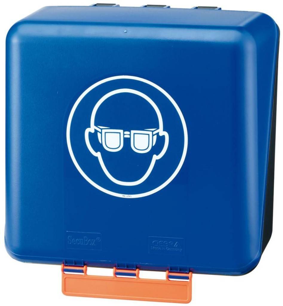 SecuBox Midi Standard für VollsichtbrillenEigenschaften Behälter aus ABS-Kunststoff Mit Gebotszeichen Patentierte Kippöffnung zur schnelle