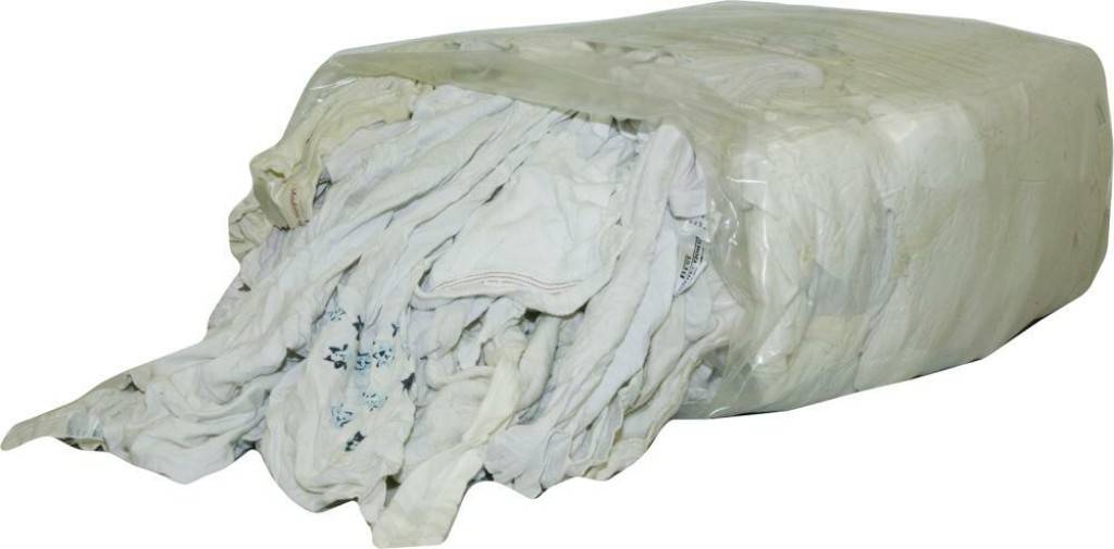 Trikotputzlappen, überwiegend weiß Aus Alttextilien mit Beimischung bunte Ränder etc. In 5-kg- und 10-kg-Würfeln verfügbar Hergestellt a