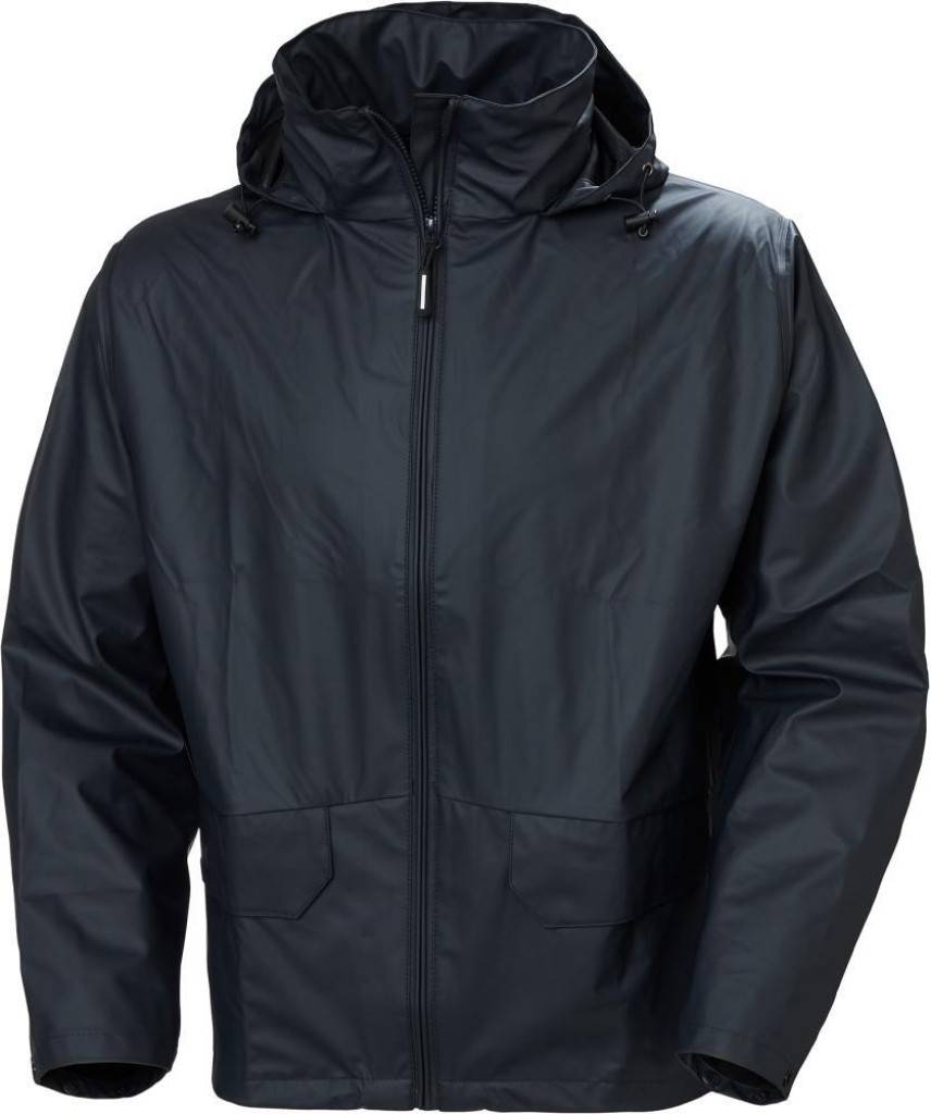 Stretch-Regenjacke VossEigenschaften Zwei Vordertaschen mit Abdeckung Kapuze im Kragen verstaubar Kapuze mit Kordelzug Verlängerter Rück