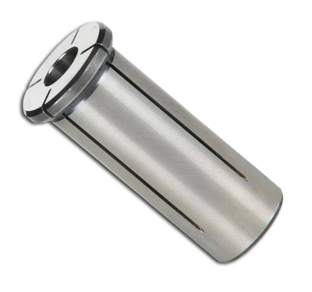 Metallspannzangenhülsen-Adapter, ein zylindrisches silbernes Bearbeitungswerkzeug mit Schlitzen an den Seiten und einem Flansch oben.