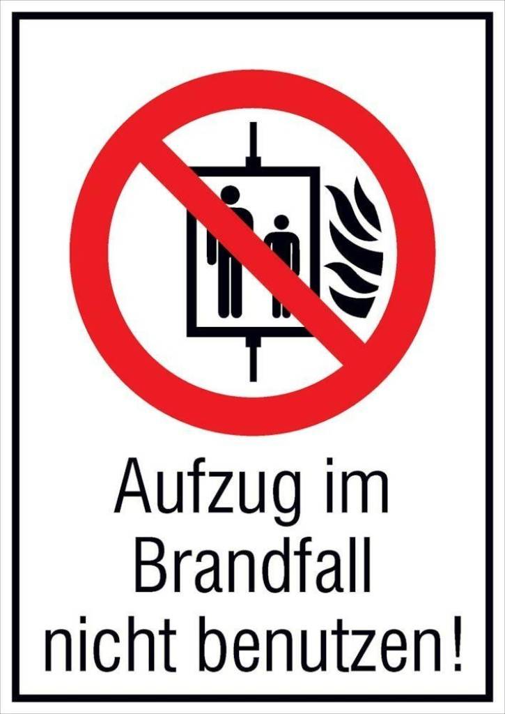 Kombi-Verbotsschilder, Aufzug im Brandfall nicht benutzenASR A1.3 P020DIN EN ISO 7010 P020Mit Zusatztext