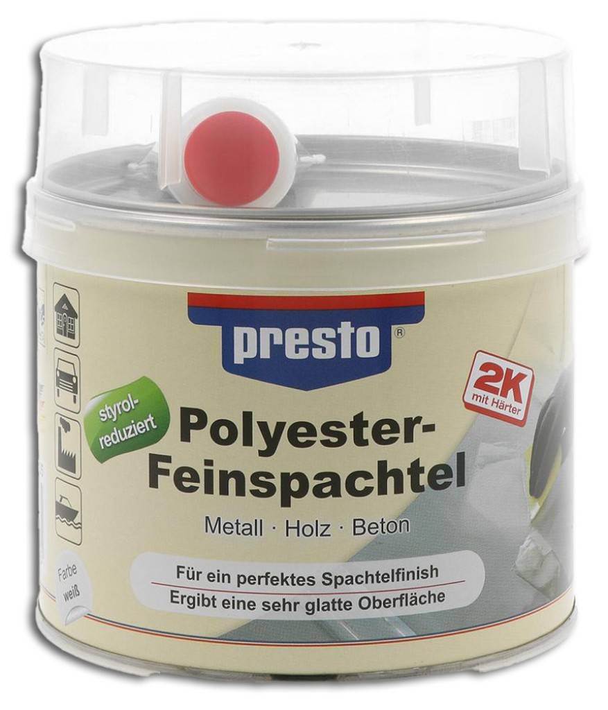 presto Polyester-Feinspachtel 2 KHochelastischer, zweikomponentiger Polyester-Feinspachtel zum Ausfüllen kleinerer Unebenheiten und zum dünnen Feins