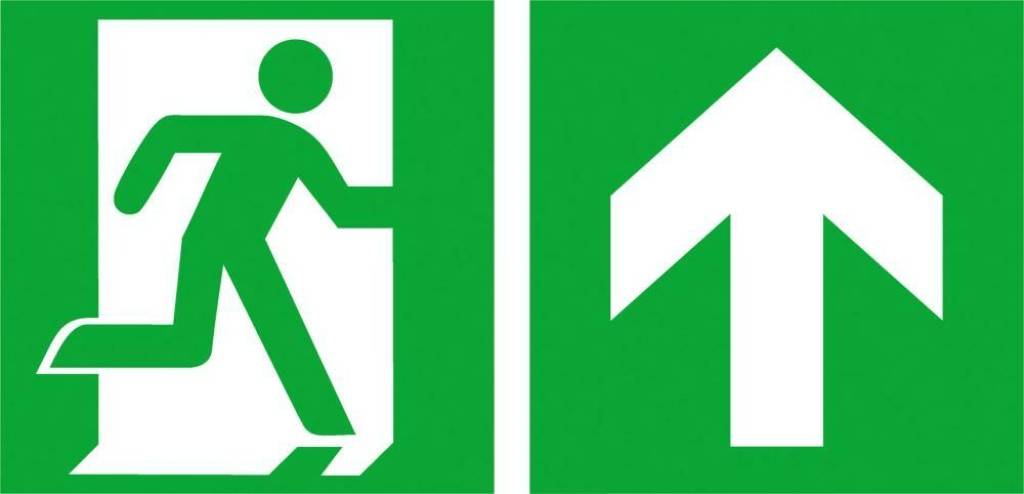 Rettungsschild, Notausgang rechts aufwärtsASR A1.3 E002 ZusatzzeichenDIN EN ISO 7010 E002 ZusatzzeichenLangnachleuchtend, DIN 67510-1 Klasse C