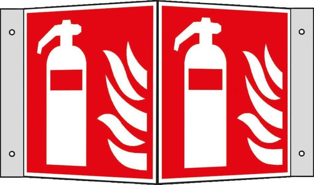 Brandschutzsschild, Feuerlöscher als WinkelschildASR A1.3 F001DIN EN ISO 7010 F001Langnachleuchtend, DIN 67510-1 Klasse C