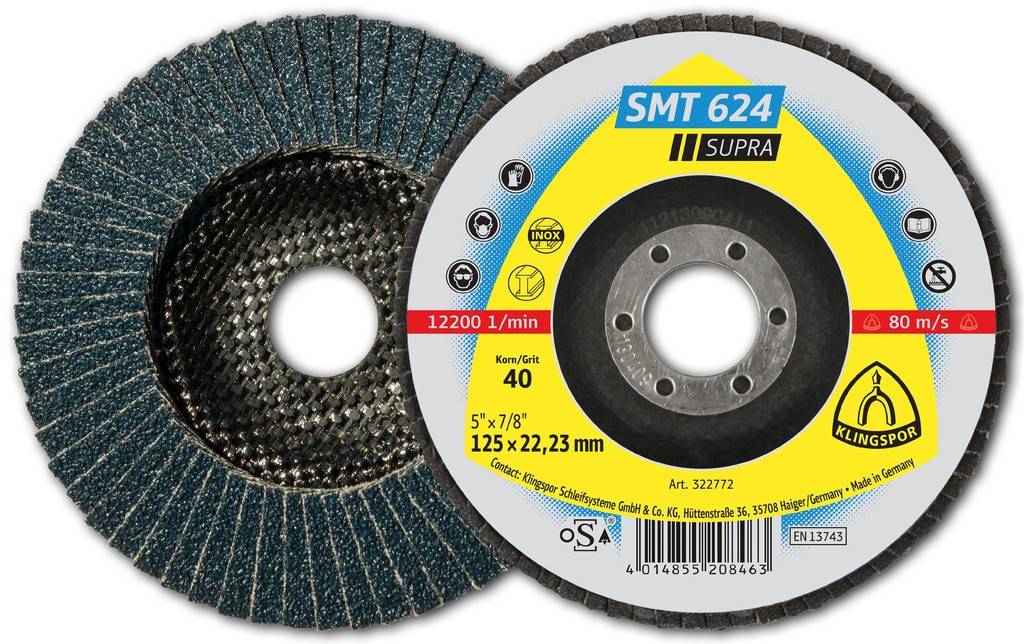 SMT 624 Schleifmopteller, 115 x 22,23 mm Korn 80 gewölbtKlingspor bietet SMT 624 Supra in verschiedenen Durchmessern, mit unterschiedlichen