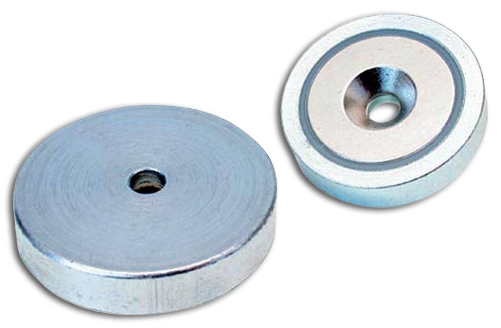 Neodym-Magnet-Flachgreifer mit Durchgangsbohrung und AnsenkungStahlgehäuse, verzinkt, abgeschirmtMax. Einsatztemperatur 80 C