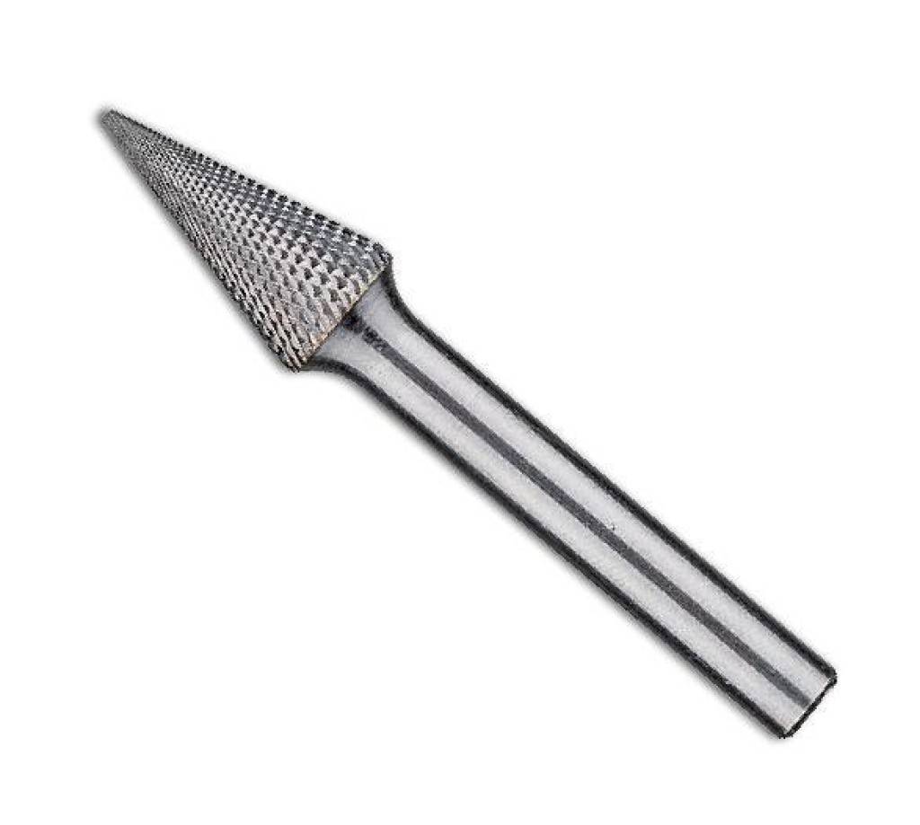Nahaufnahme eines Metallschleifborstenaufsatzes mit spitz zulaufender kegelförmiger Spitze und zylindrischem Schaft auf weißem Hintergrund.