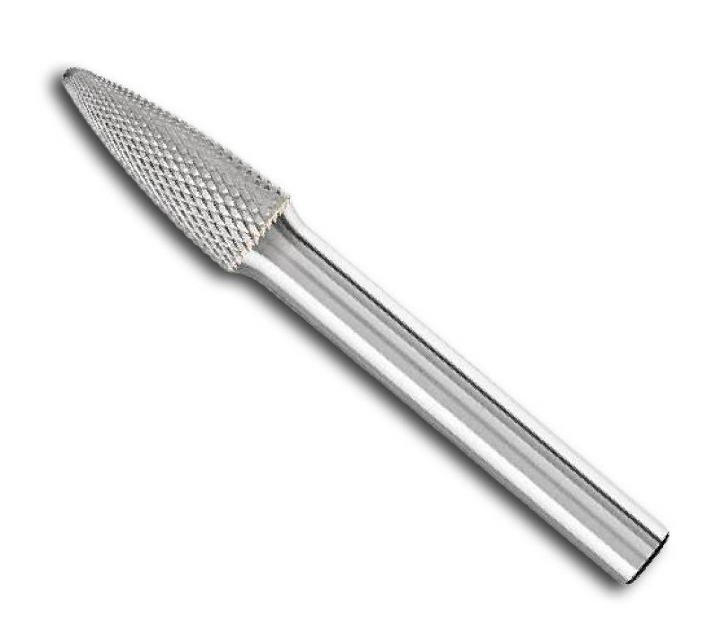 Eine Metallrotierdatei mit einer spitzen, strukturierten Spitze und glattem zylindrischem Griff auf weißem Hintergrund.