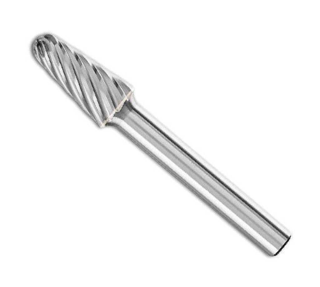Metallisches Schleifbit-Werkzeug mit konischem, geflutetem Kopf und zylindrischem Schaft auf weißem Hintergrund.