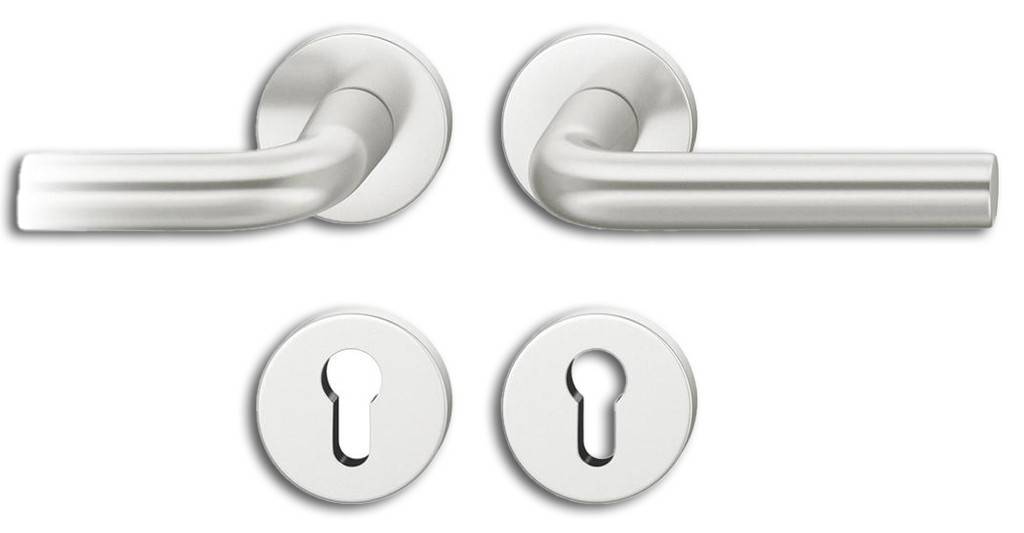 Rosetten-Garnitur 12 1075ASL-Aluminium-DrückergarniturDIN links und DIN rechts verwendbarWechselgarnitur mit Knopf 0802