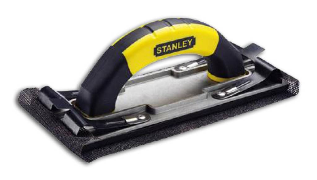 Ein Stanley-Handschliffblock mit schwarzem und gelbem Griff und rechteckiger Schliffbasis auf weißem Hintergrund.