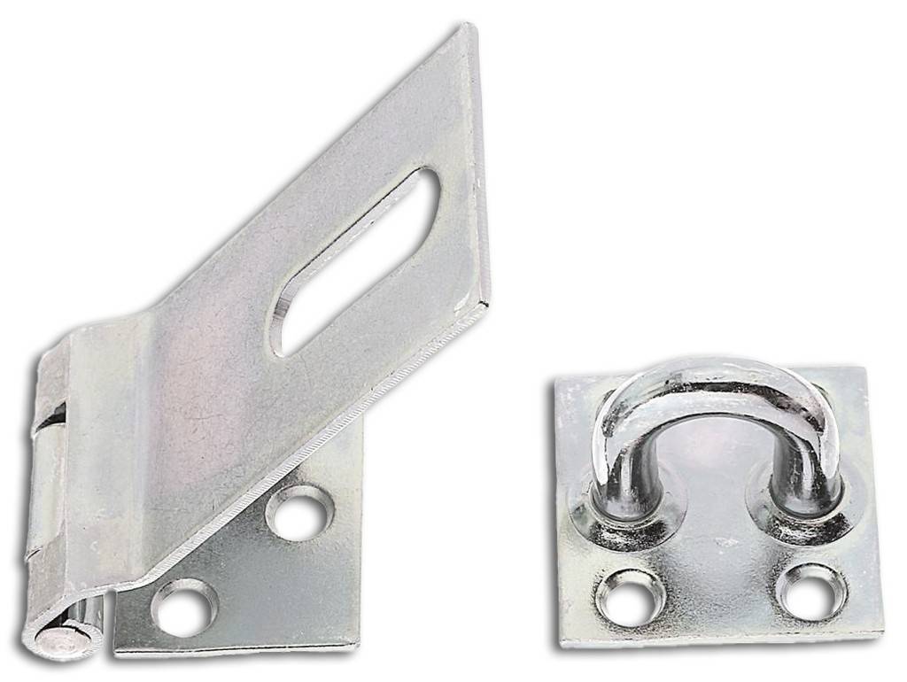 Sicherheits-Überfalle, geprägtMit verdeckten und versenkten SchraublöchernMit Öse auf PlatteMaterial Stahl rohOberfläche galvanisch gelb verzinkt