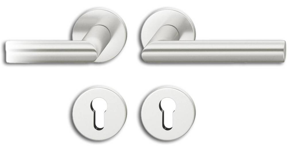 Rosetten-Garnitur 12 1076ASL-Aluminium-DrückergarniturDIN links und DIN rechts verwendbarWechselgarnitur mit Knopf 0829