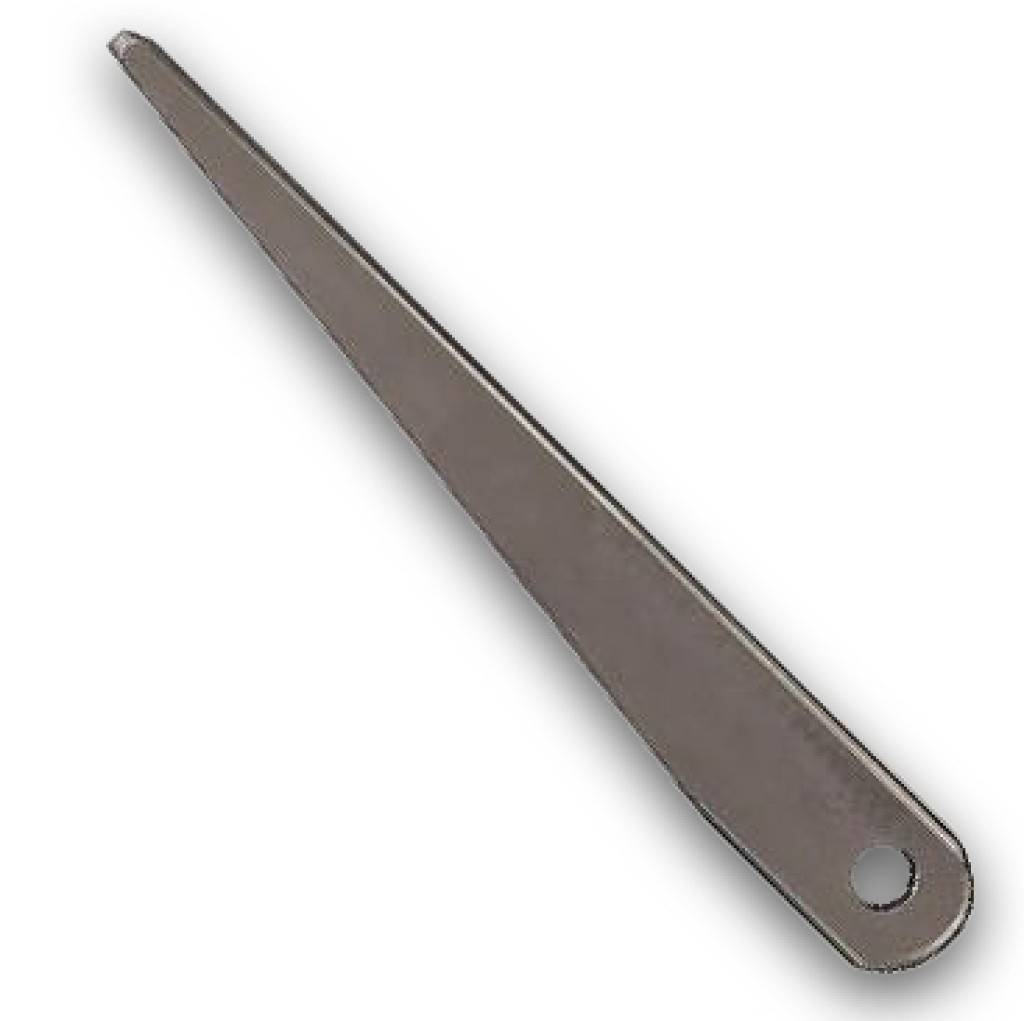 Ein graues Metallhandwerkzeug mit einer langen, sich verjüngenden dreieckigen Klinge und einem runden Aufhängeloch am Ende des Griffs.