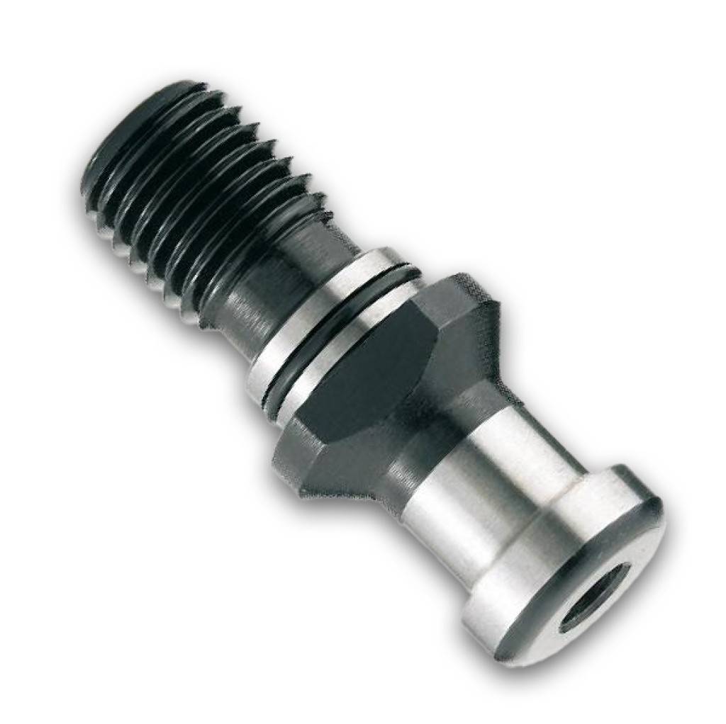 Metallisierter industrieller Verbindungsstecker mit Sechskantgehäuse und glattem zylindrischem Ende auf weißem Hintergrund.