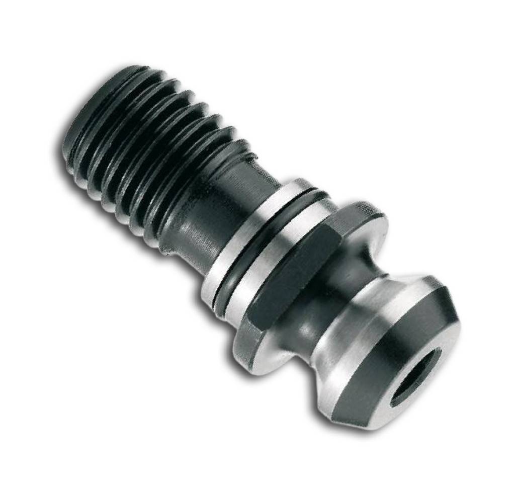 Nahaufnahme einer schwarzen und silbernen Gewindeverbindung oder einem Verbinder aus Metall mit einer hohlen Öffnung, dargestellt auf weißem Hintergrund.