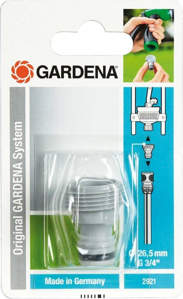 GeräteadapterZum Anschluss von Bewässerungsgeräten mit Innengewinde an das Original GARDENA SystemAusführung mit 26,5 mm G 3/4-Gewinde