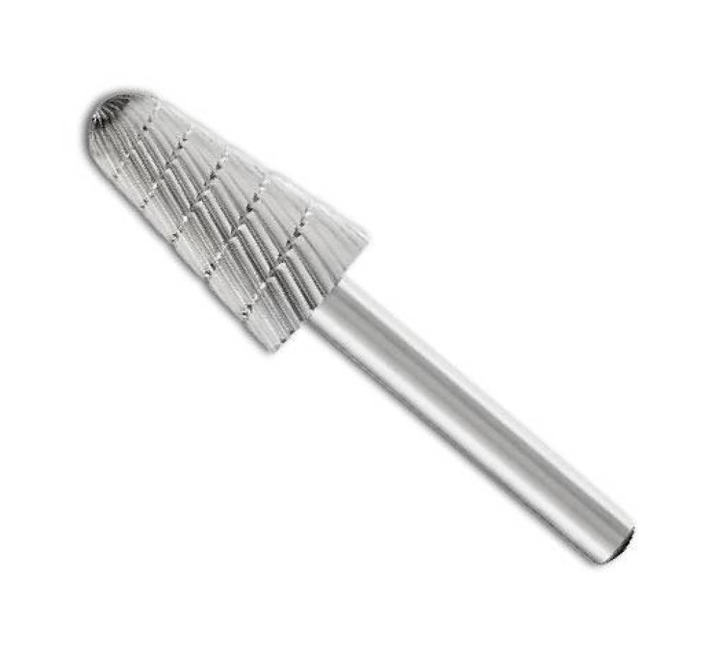 Metallischer rotierender Schleifstift mit spitzem, kegelförmigem Schleifkopf und zylindrischem Schaft auf weißem Hintergrund.