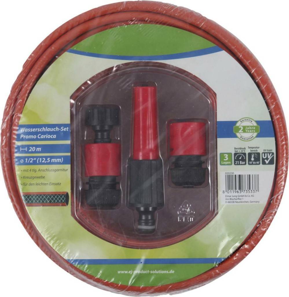 Wasserschlauch-Set mit AnschlussgarniturWasserschlauch-Set Promo CariocaMit 4-teilige AnschlussgarniturKreuzgewebeFür den leichten