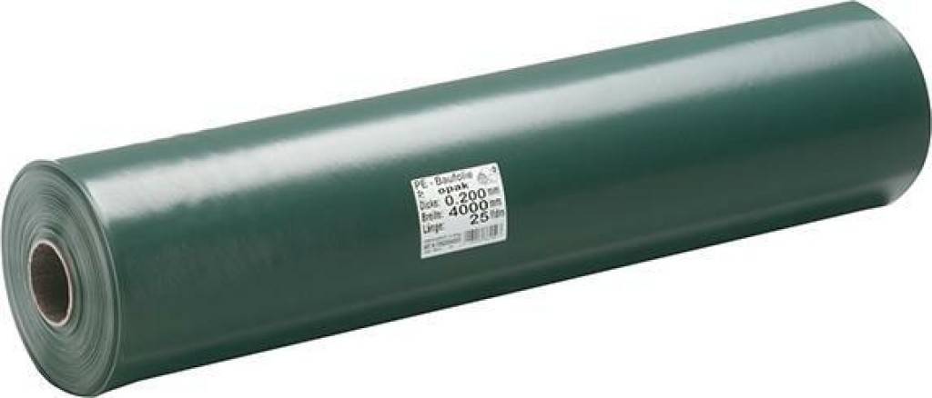 PE-Baufolie Typ 200Nicht UV-stabilisiertAus Recycling-MaterialTechnische DatenRohstoff LDPEStärke 0,2 mm 200 mDichte ca. 0,9 g/cmZugfestigkeit ca.