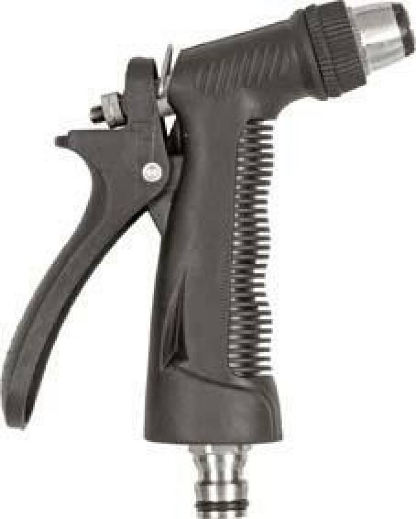 Pistolen-SpritzdüseWasserdurchfluss und Strahlstärke stufenlos regulierbar vom Vollstrahl bis zum SprühnebelMit ergonomischem LamellengriffDauerarr