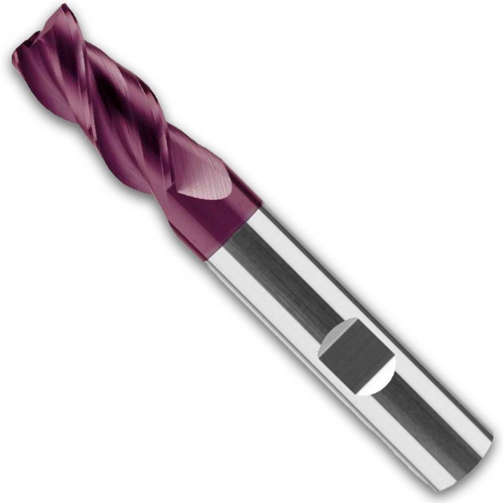 Nahaufnahme eines violetten Spiralbohrers mit glänzendem Metallschaft auf weißem Hintergrund.