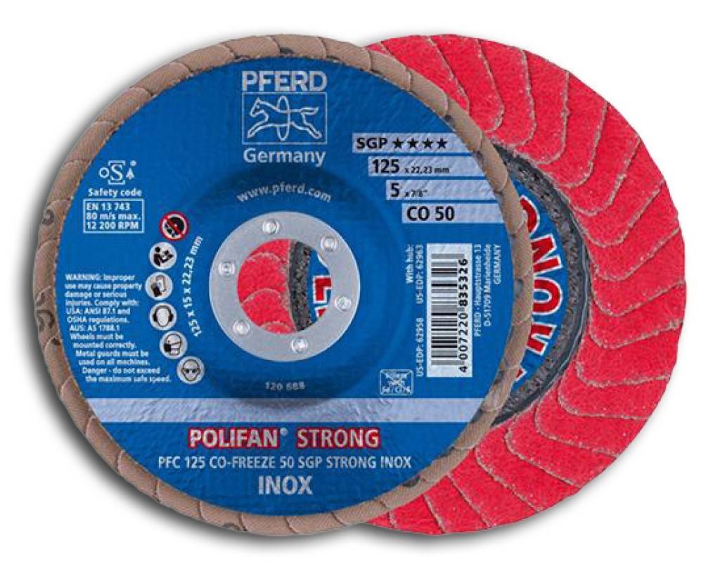 Blauer PFERD POLIFAN STRONG Schleiftrenntrenner mit der Bezeichnung „INOX