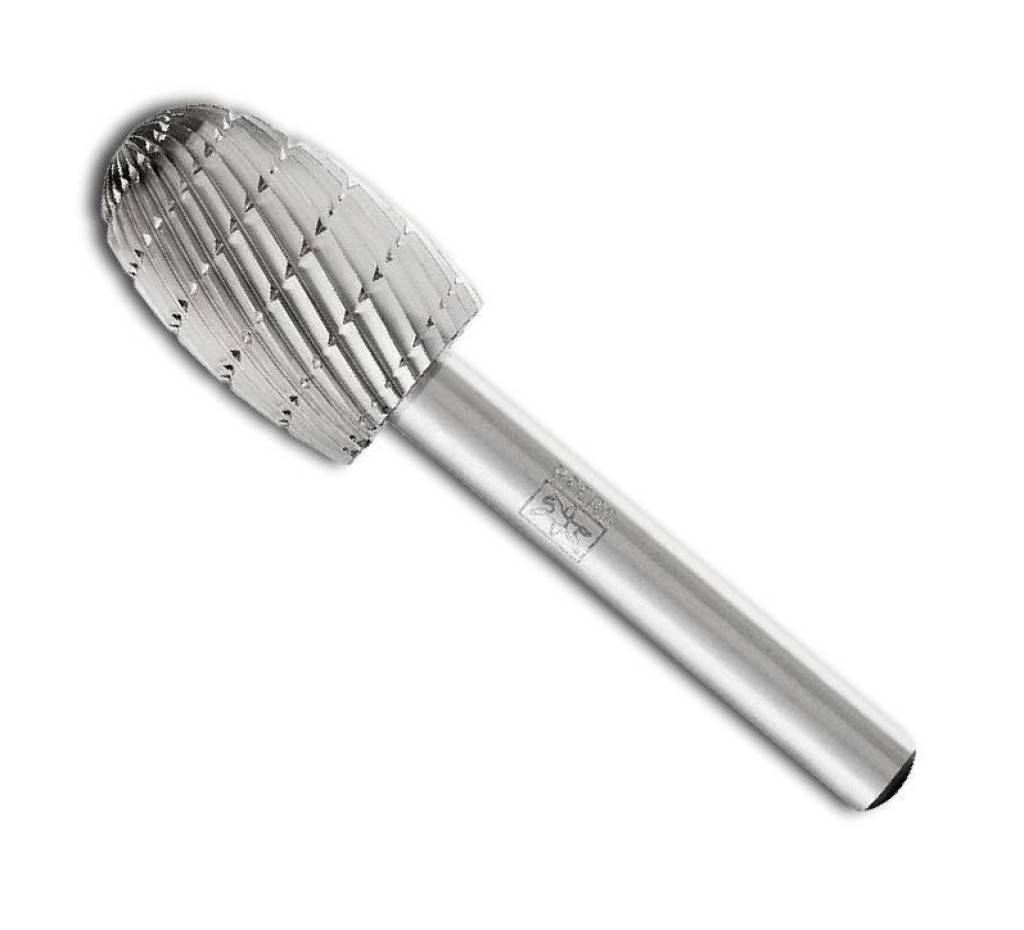 Ein Metallrotary-Schleifbit mit rundem, geripptem Kopf und glattem Schaft auf weißem Hintergrund.