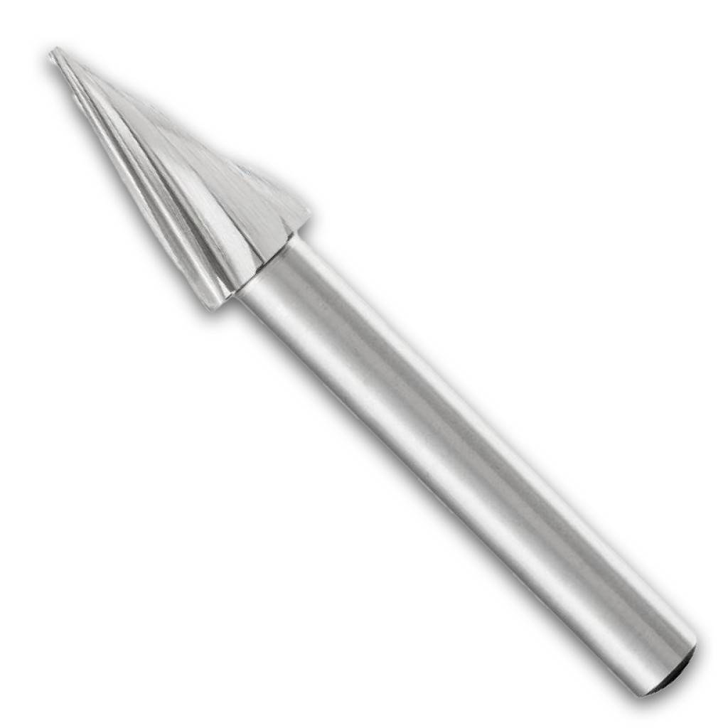 Metallischer konischer Reibahle oder Senkbohrer mit konischem Schneidkopf und zylindrischem Schaft auf weißem Hintergrund.