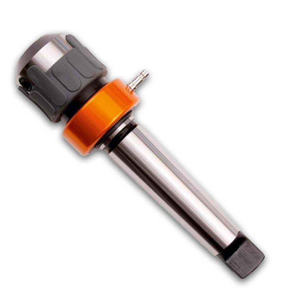 Industrielle Maschinenspindelwerkzeugaufnahme mit orangefarbenem Kragen und Metallschaft auf weißem Hintergrund.