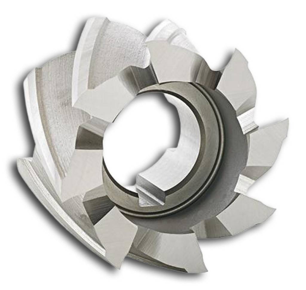 Ein Silbermetallfräser mit mehreren abgewinkelten Zähnen und einem Mittelloch, dargestellt auf weißem Hintergrund.