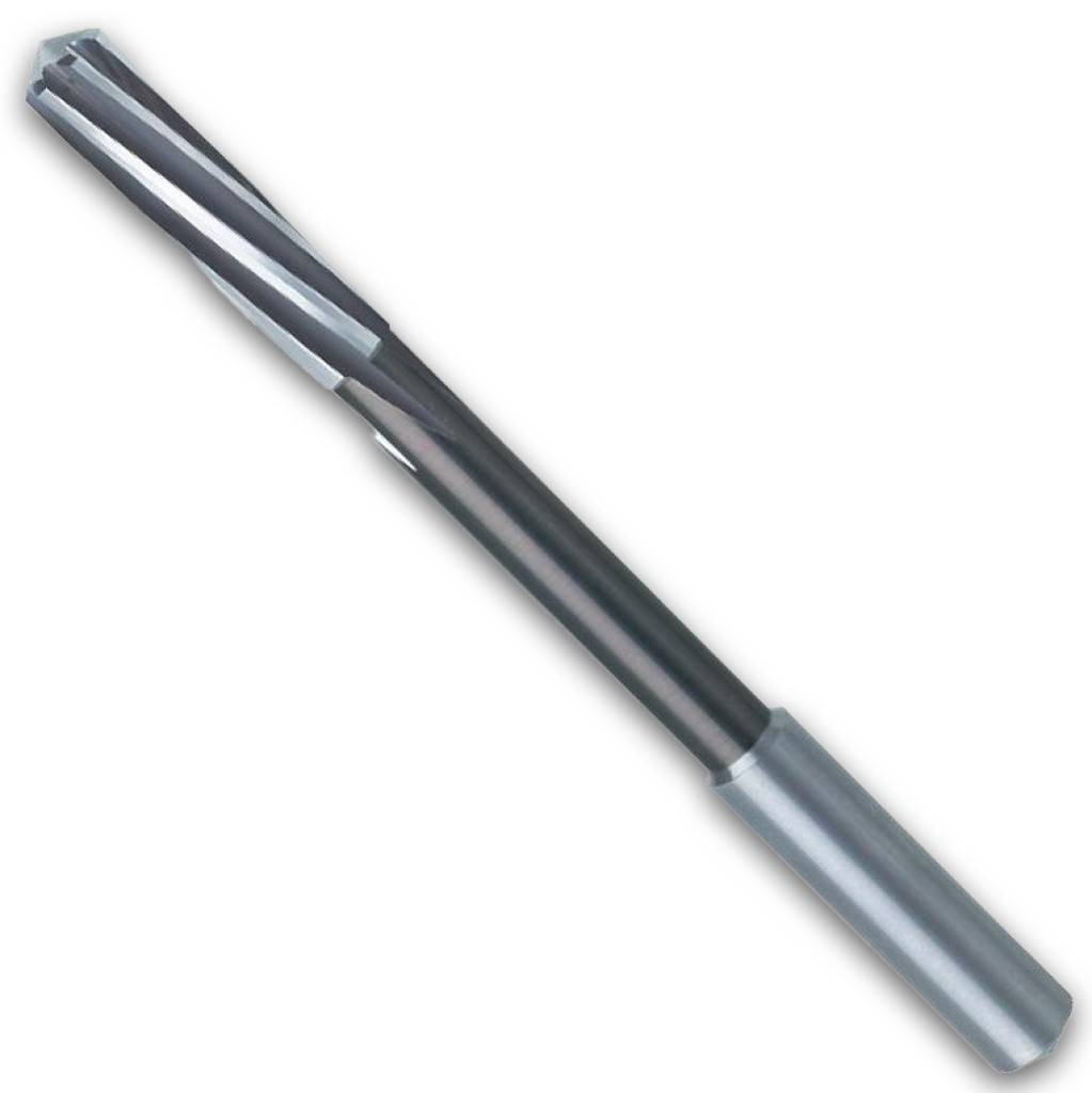 Metallisches Reibahlenwerk mit Spiralnuten und zylindrischem Schaft, gezeigt auf weißem Hintergrund.