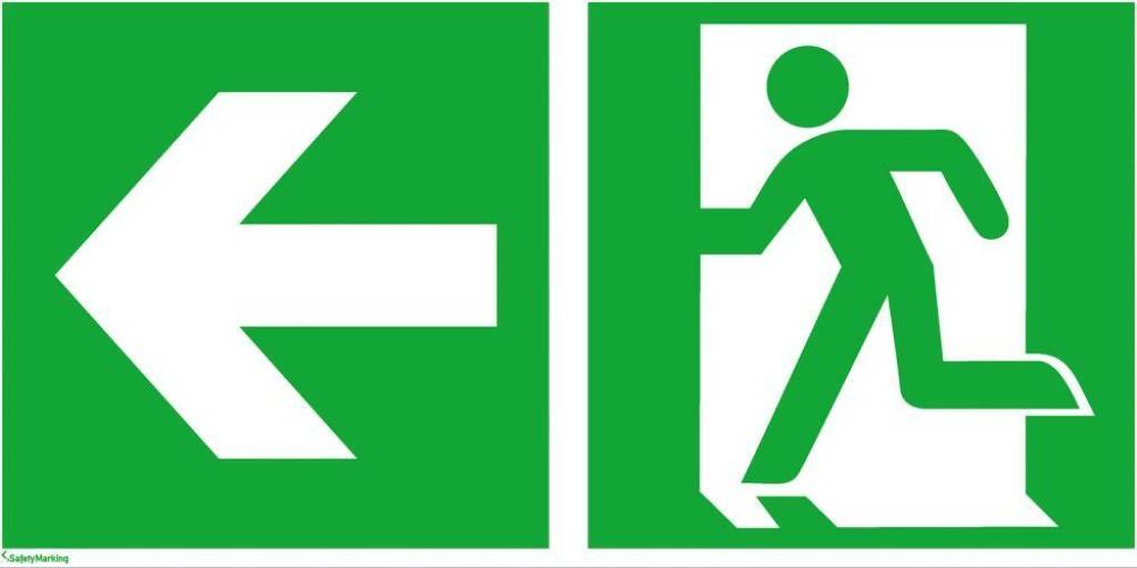 Rettungsschild, Notausgang links mit RichtungspfeilASR A1.3 E001 ZusatzzeichenDIN EN ISO 7010 E001 ZusatzzeichenLangnachleuchtend, DIN 67510-1 Klass