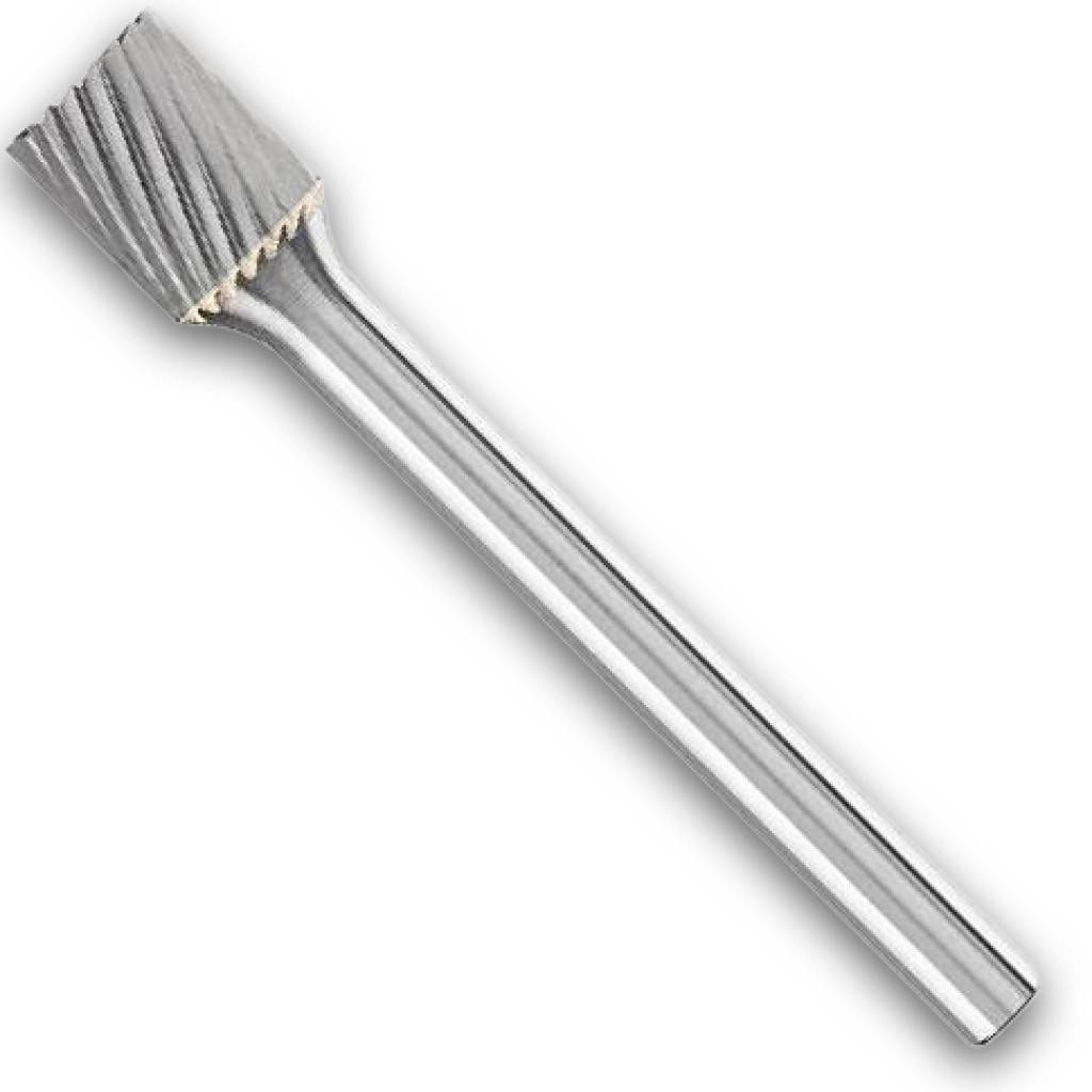 Ein silberner Schleifstift mit konischer, gerillter Spitze und langem zylindrischem Schaft auf weißem Hintergrund.