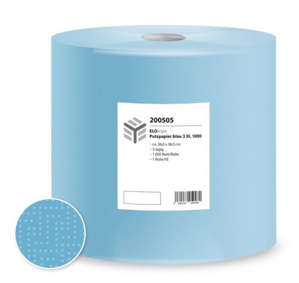 Die hochwertige ELOwipe Putzpapierrolle, 36 x 36 cm, 3-lagig, blau ist besonders zum Reinigen sowie zum Aufnehmen von zähen Flüssigkeiten, wie Öl