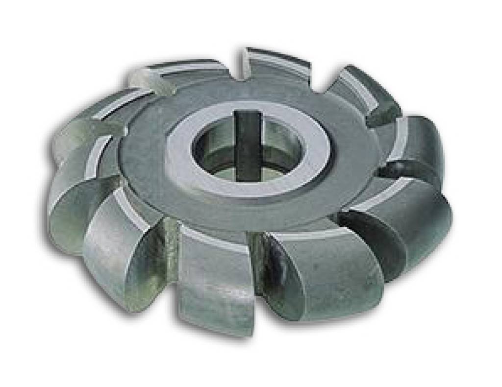 Metallfräser mit mehreren gekrümmten Schneidzähnen und einem zentralen Loch, dargestellt auf weißem Hintergrund.