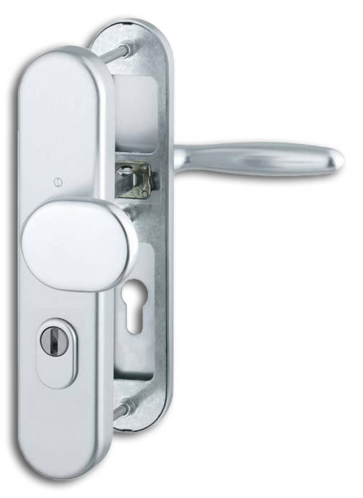 Schutzbeschlag, Serie VeronaProduktdetails HOPPE-Aluminium-Schutzbeschlag Wechsel-Garnitur ES1 SK2 geprüft nach DIN 18257 PZ-gelocht Stahl-U