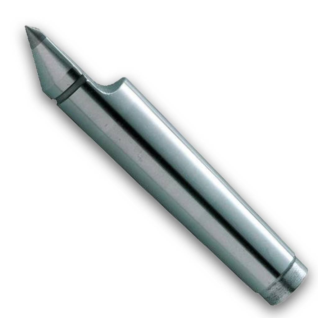 Nahaufnahme eines Metalldreh-Zentrumswerkzeugs mit einer spitzen Spitze und zylindrischem Körper auf weißem Hintergrund.
