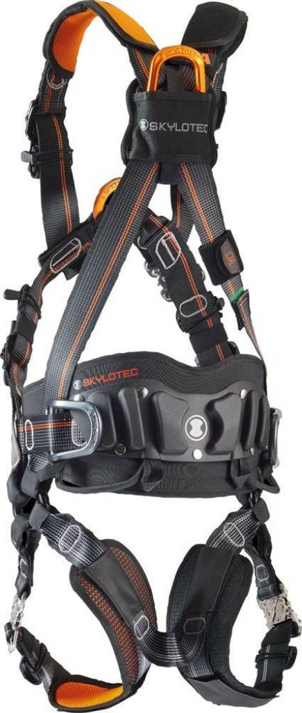 Schwarz-orange Ganzkörper-Sicherheitsgeschirr mit gepolstertem Hüftgurt, Beinschlaufen und Schultergurten, markengebunden SKYLLOTEC.