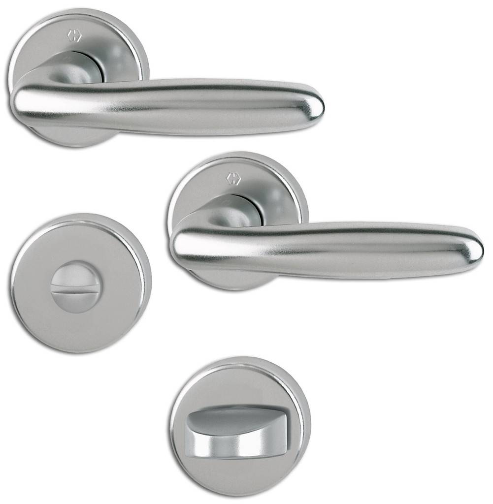 HOPPE-SchnellstiftPlus Aluminium-Rosetten-Türgriff-GarniturAluminium-Rosetten-Türgriff-Garnitur mit Schlitzkopf/Olive für Bad/WC-Türen geprüft