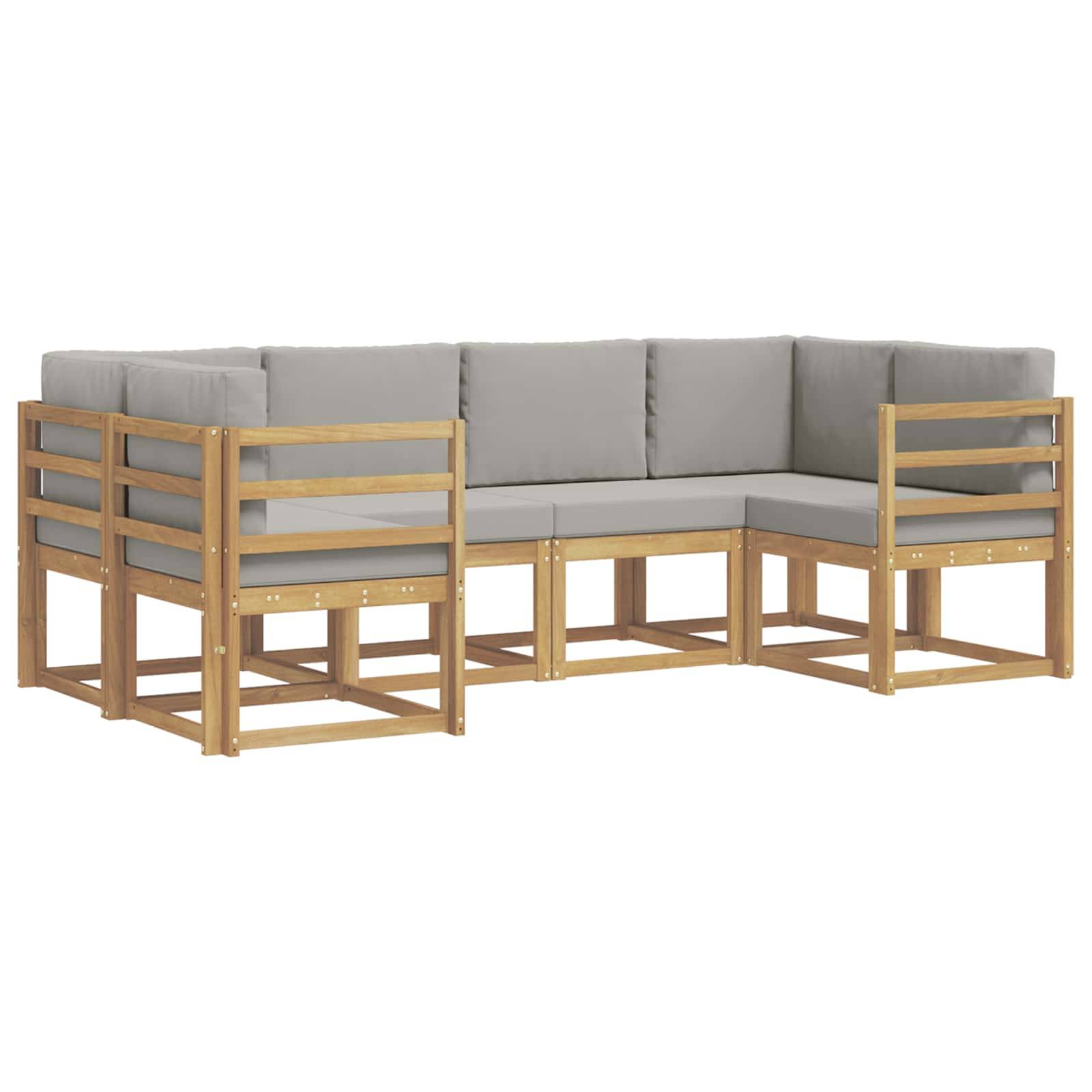 Outdoor-Ecksofa mit grauen Kissen und hellem Holzrahmen, dargestellt in einer U-förmigen Anordnung auf weißem Hintergrund.