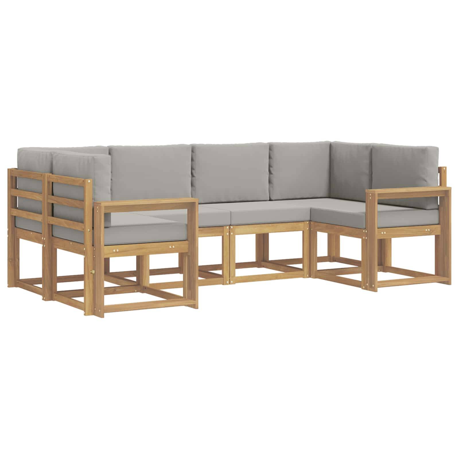 L-förmiges Außen-Ecksofa mit hellem Holzrahmen und grauen Kissen auf weißem Hintergrund.