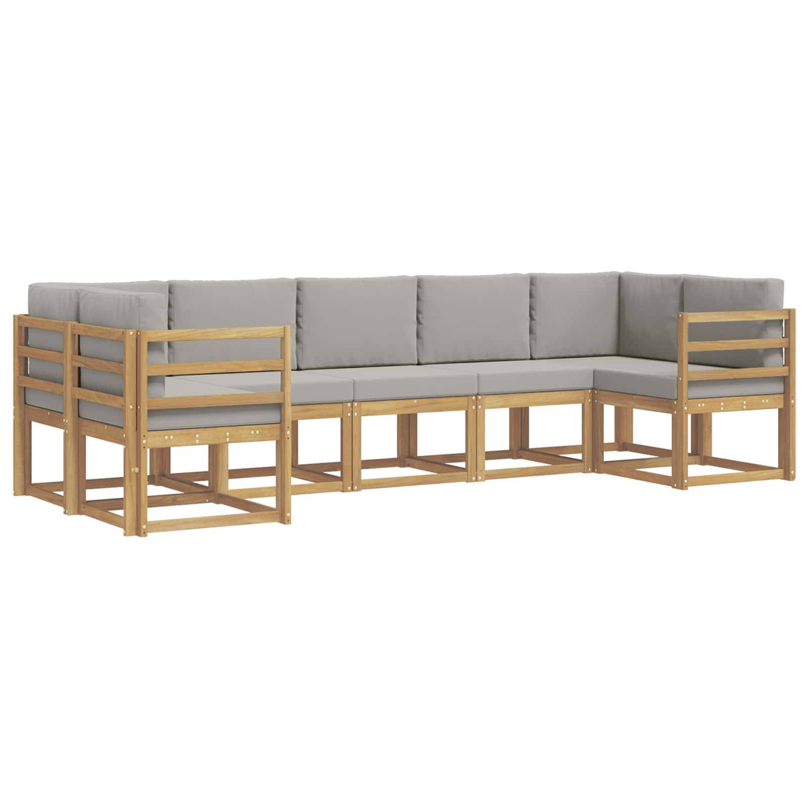 Außensektionalsofa in L-Form mit hellem Holzrahmen und grauen Kissen auf weißem Hintergrund
