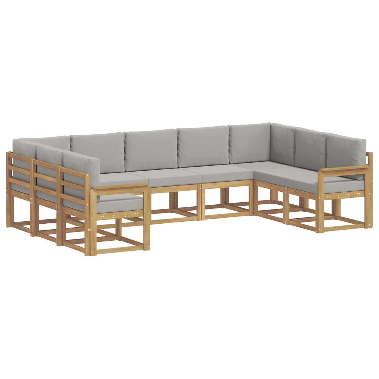 L-förmiges Outdoor-Sectional-Sofa mit hellem Holzrahmen und grauen Kissen, gezeigt auf weißem Hintergrund.