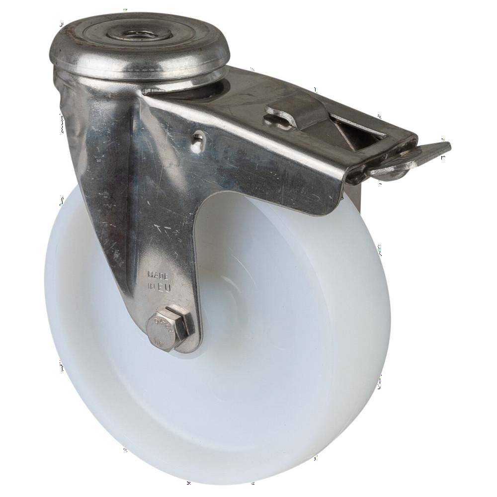 Edelstahl-Lenkrolle mit Feststeller - Rückenloch - Polyamid-Rad - Rad-Ø 125 mm - Bauhöhe 152,5 mm - Tragkraft 250 kg - Preis per Stück