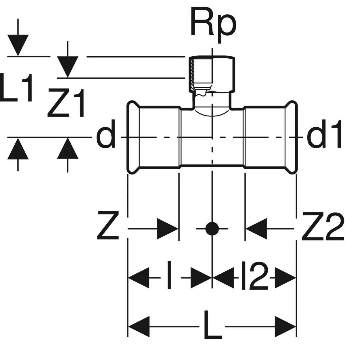 Geberit T-Stück Mapress Edelstahl, Ø42mm x Rp1", Innengewinde, Pressmuffen, Edelstahl 1.4401, 1 Stk.